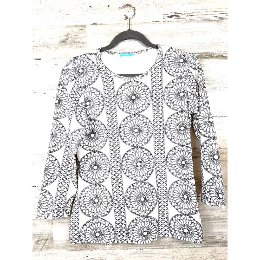 J. McLaughlin Women S White Black Geometric Catalina Cloth 3/4 Sleeve Top Casual